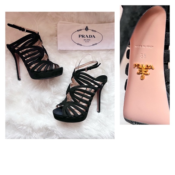 Prada Shoes - PRADA Logo Suede Caged Open Toe Platform Sandals Heels